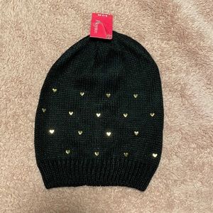NWT Xhilaration Black Beanie Hat Gold Heart Studs